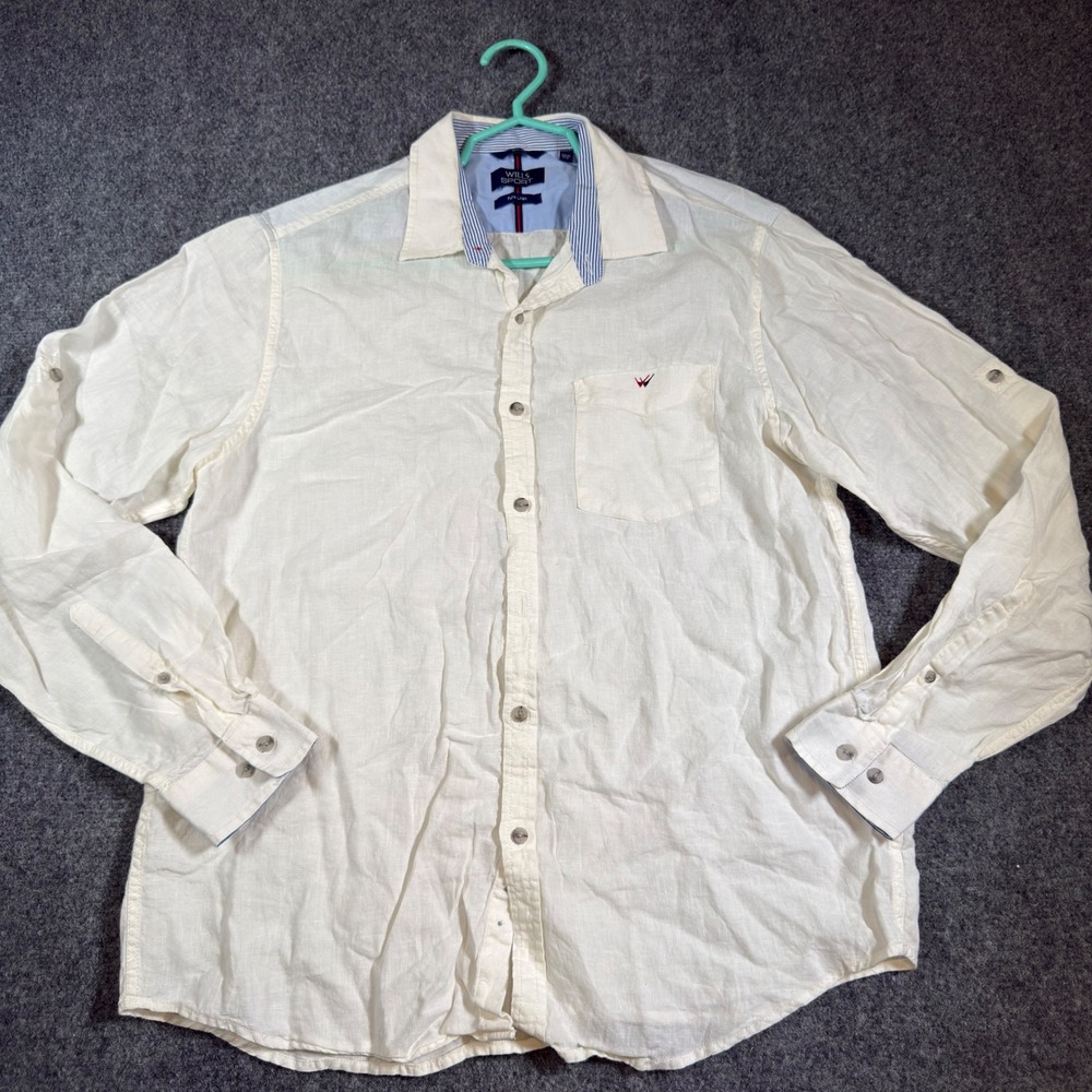 Wills Sport Pure Linen Button Up Shirt Mens 44cm 17.25 Ivory Slim Fit Casual
